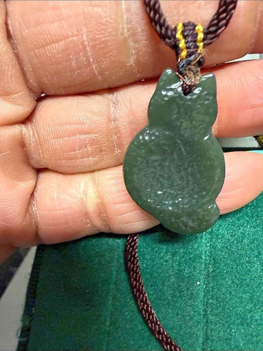Dark Green jade  Carved Cat Pendant Necklace